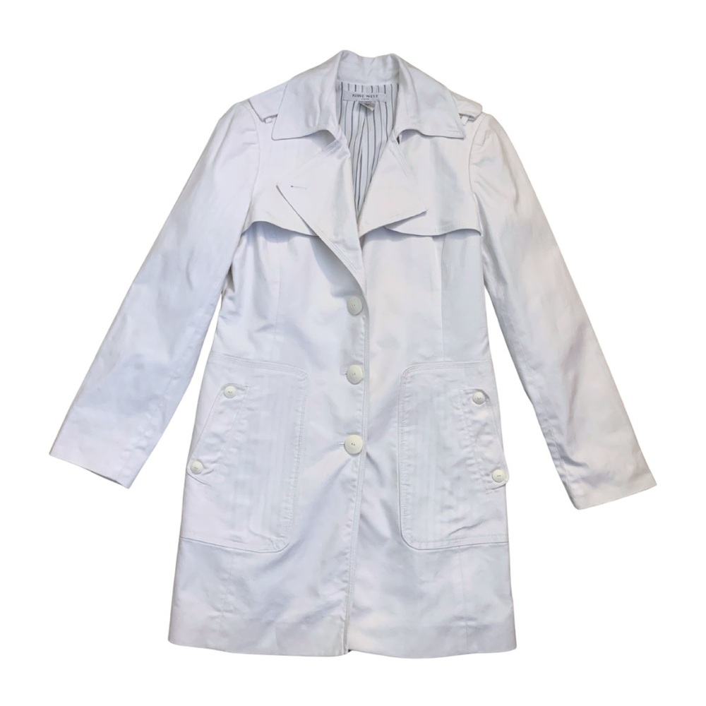 Nine West White Cotton Trench Coat Vintage Long Sleeves Coastal Nautical Capsule